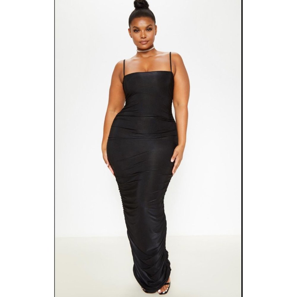 Black Strappy Slinky Ruched Back Maxi Dress